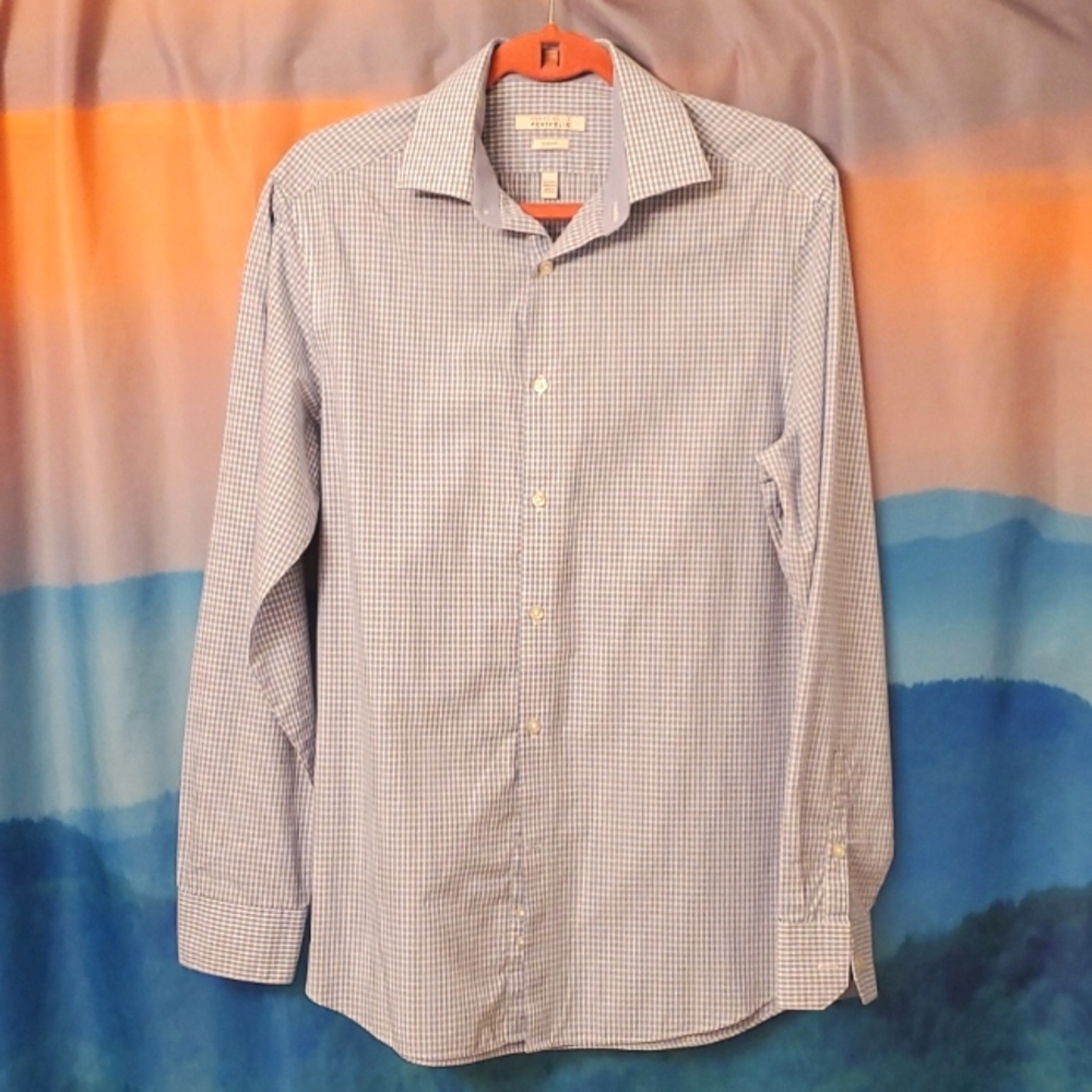 Perry Ellis Mens long sleeve button down blue check shirt 15 1/2 34/35